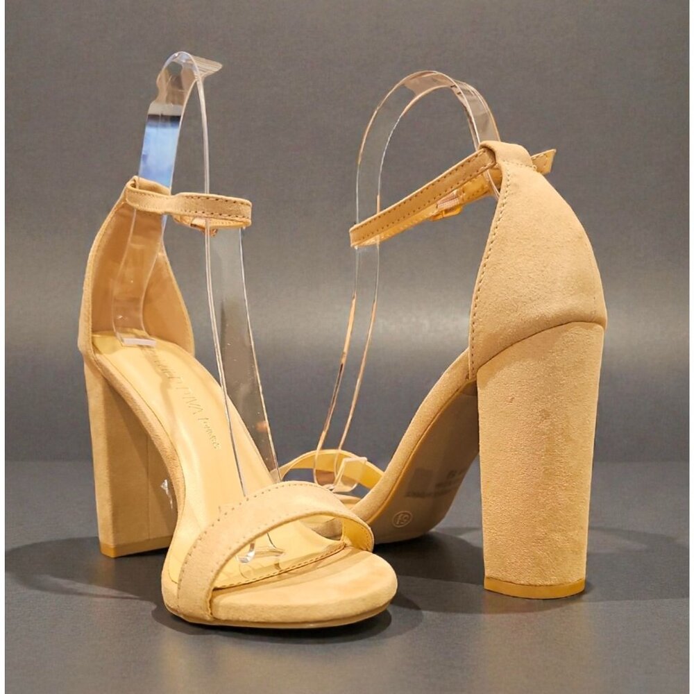 Chunky Block Heel Sandals With Strap In Faux Soft Natural Suede